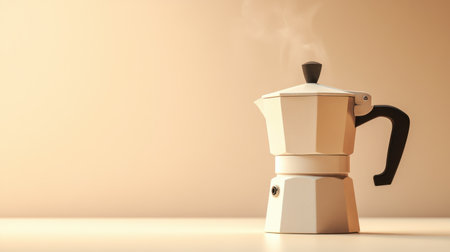 A stylish vintage espresso maker sits elegantly on a table, steam rising gently in the soft morning light, creating an inviting atmosphere.の素材