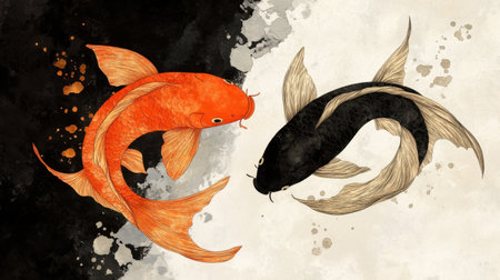 This stunning illustration features two koi fish, one orange and one black, set against an abstract background that enhances their elegance and beauty.の素材