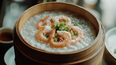 A steaming bowl of shrimp congee featuring fresh shrimp and green onions, served in a bamboo steamer. Perfect for a warm and comforting meal.の素材