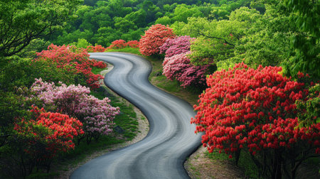 A picturesque serpentine road winds through lush greenery, adorned with blooming azalea flowers in vibrant colors, creating a serene nature scene.の素材
