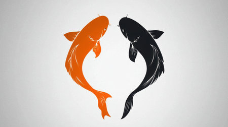 This artwork features two koi fish in contrasting orange and black tones gracefully forming a heart shape, representing harmony, balance, and love.の素材