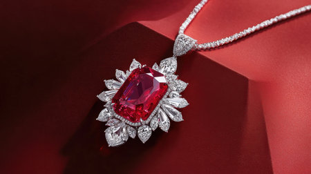 This luxurious ruby necklace features a stunning design adorned with intricate diamonds. Perfect for special occasions, this elegant piece embodies sophistication and glamour.の素材