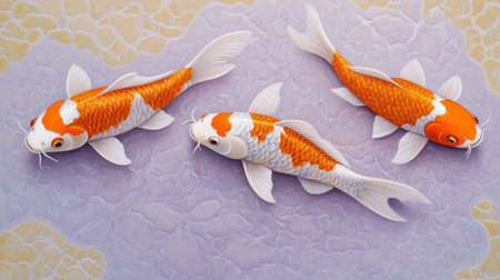 A visually striking illustration of three koi fish swimming in a tranquil water background. Their vibrant colors and graceful movement evoke a sense of peace and harmony in nature.の素材