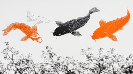 This artistic image captures vibrant koi fish rendered in orange, black, and white against a serene background of aquatic flora, showcasing beauty and tranquility.の素材