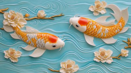 This stunning artistic relief sculpture showcases colorful koi fish swimming gracefully amidst elegant flowers on a serene blue background, creating a peaceful ambiance.の素材