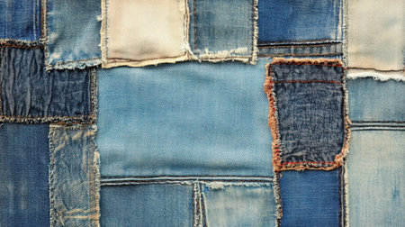 This image showcases an array of denim fabric textures and patterns, highlighting various shades of blue and intricate stitching details, perfect for fashion and design projects.の素材