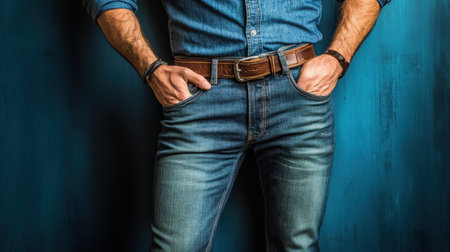 A stylish man wearing a denim shirt and jeans stands confidently with hands in pockets. The textured blue background enhances the casual vibe and modern appeal.の素材