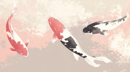 This elegant illustration features koi fish in a tranquil pastel background. Ideal for art projects, it brings a sense of serenity and aesthetic beauty.の素材