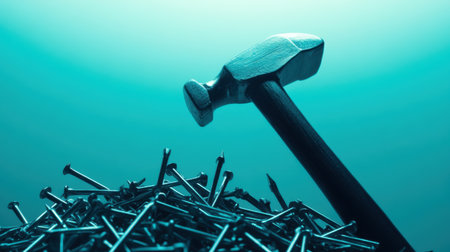 This captivating image features a hammer poised above a mound of nails, captured in soft blue lighting. The minimalist style highlights the tools used in construction and craftsmanship, making it ideal for themes of manual work and DIY projects.の素材