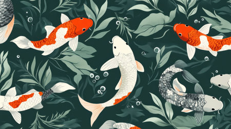 A visually stunning pattern featuring colorful koi fish swimming among lush green leaves and bubbles, creating a tranquil aquatic scene perfect for various design projects.の素材