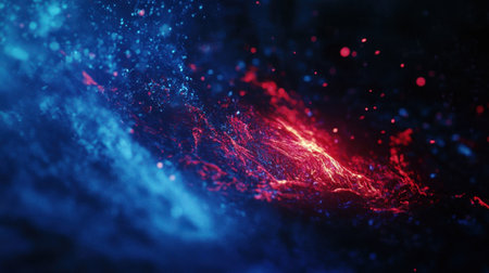 A captivating abstract cosmic background featuring vibrant red and blue glowing particles and waves, perfect for enhancing digital artworks or graphic design projects.の素材
