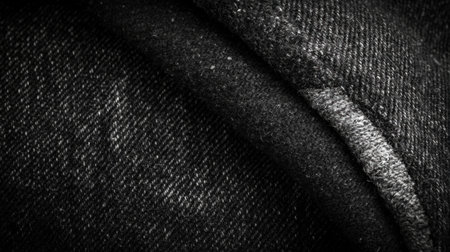 A close-up view of black fabric textures featuring a twill weave and raw edges, emphasizing light and shadow to create a striking visual aesthetic.の素材