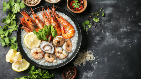 Discover a vibrant seafood platter featuring fresh shrimp and squid, garnished with lemon and herbs, perfect for elegant dining and culinary inspiration.の素材
