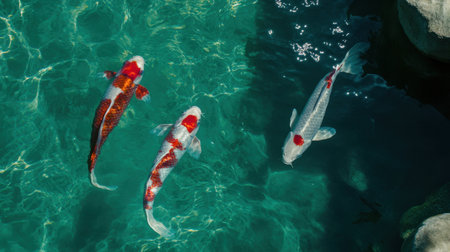 This stunning image showcases elegant koi fish gracefully swimming in a pristine pond, illuminated by sunlight, revealing their vibrant colors and serene environment.の素材