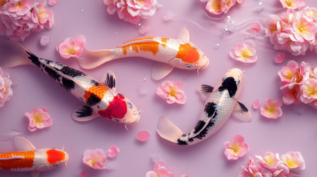 A captivating composition of colorful koi fish elegantly swimming among soft pink blossoms, creating a serene and tranquil atmosphere, perfect for relaxation.の素材