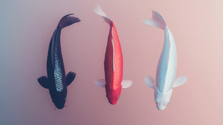 This stunning image features three vibrant koi fish in black, red, and white shades, swimming gracefully against a soft pink backdrop, evoking tranquility and elegance.の素材