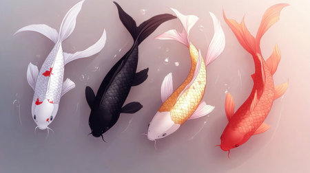 This stunning illustration showcases colorful koi fish swimming peacefully in tranquil water, capturing serenity and grace in a beautiful aquatic design.の素材
