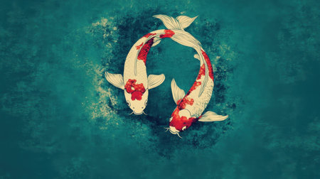 This stunning illustration features two vibrant koi fish swimming in a tranquil blue background. It symbolizes harmony, beauty, and the serenity of aquatic life, perfect for adding a peaceful touch to any art collection.の素材