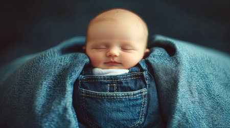 This enchanting image captures a peaceful newborn wrapped snugly in denim fabric, showcasing innocence and serenity in a cozy, heartwarming moment.の素材