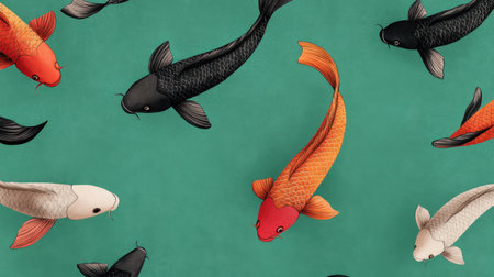 This image features colorful koi fish gracefully swimming against a serene background. The intricate patterns and vibrant colors create a captivating underwater scene perfect for various design projects.の素材