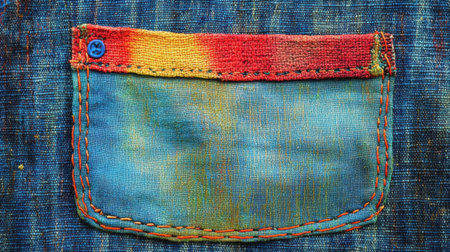 This image features a colorful fabric pocket on a denim background, showcasing unique stitching and vibrant colors ideal for fashion and design projects.の素材