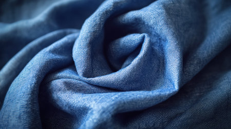 This image showcases a close-up view of soft blue denim fabric elegantly arranged in a spiral shape, capturing texture and detail. Ideal for design projects.の素材