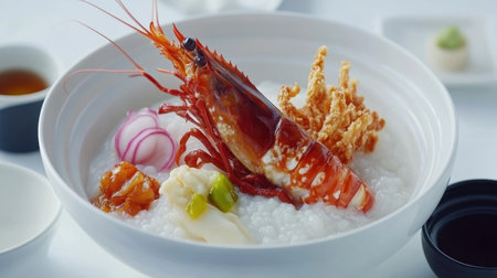 This visually stunning seafood dish features a shrimp centerpiece served over delicate rice, enhanced by colorful garnishes and accompaniments. Perfect for showcasing Japanese culinary artistry.の素材