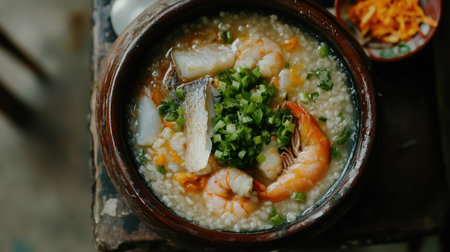 A steaming bowl of seafood congee featuring shrimp, fish, and fresh scallions, perfect for a comforting meal. Ideal for food lovers and home cooks.の素材
