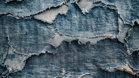 This image displays a close-up view of a vintage blue denim fabric with distressed details and unique textured patterns. The ripped edges enhance the character and style, making it suitable for design and fashion projects.の素材