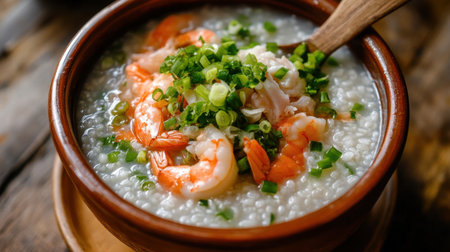 A cozy and inviting bowl of shrimp congee, garnished with vibrant green onions, showcases comforting Asian flavors in a rustic wooden setting.の素材