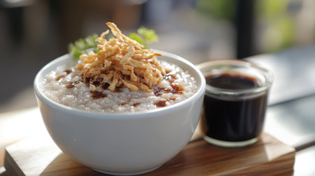 This enticing bowl of rice porridge features crispy onions on top and a side of dark sauce, perfect for a comforting meal or breakfast experience.の素材