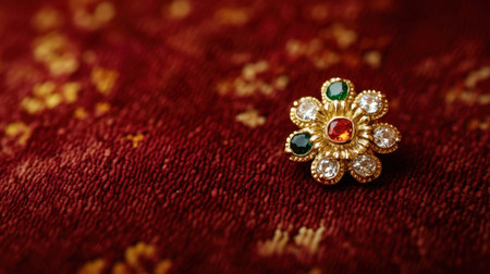 This stunning vintage ring features a flower design with colorful gems, beautifully set on an elegant textile background, showcasing exquisite craftsmanship.の素材