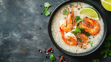 A mouthwatering bowl filled with shrimp porridge, garnished with fresh herbs and lime, offers a visual feast of flavor and warmth. Perfect for food lovers.の素材