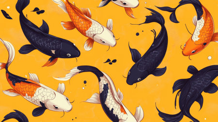 This artistic illustration features colorful koi fish swimming gracefully against a vibrant orange background, creating a lively and tranquil atmosphere.の素材