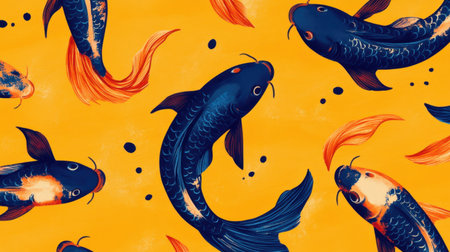 This striking illustration features vibrant koi fish swimming across a bright yellow background, perfect for adding a dynamic touch to any design project.の素材