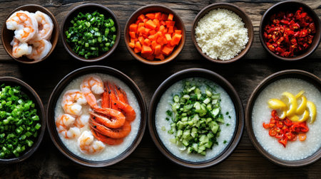 This vibrant and fresh arrangement features shrimp and colorful vegetables ready for a delicious seafood dish. Perfect for culinary inspiration and recipe ideas.の素材