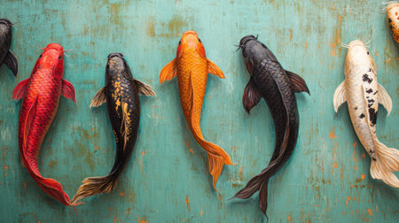 This image features a stunning arrangement of koi fishes showcasing vibrant colors, poised against a textured teal background, capturing the essence of aquatic beauty.の素材