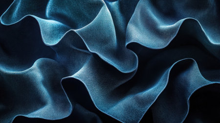 This image showcases a close-up of blue satin fabric, featuring flowing waves and soft ripples that evoke feelings of elegance and luxury. Perfect for textile design.の素材