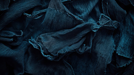 This image features a close-up view of dark blue fabric with an intricate and soft texture. The natural light accentuates the wrinkles and folds, creating depth.の素材
