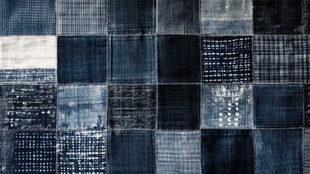 A detailed patchwork textile background showcasing various shades of blue with unique patterns, perfect for creative projects in fashion, decor, and design.の素材