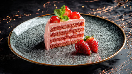 A beautifully presented slice of strawberry layer cake sits elegantly on a stylish plate, garnished with fresh strawberries and mint leaves, ideal for dessert lovers.の素材