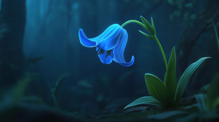 A captivating blue flower stands alone in a mystical forest, softly lit by gentle blue hues, evoking a sense of peace and tranquility in nature.の素材