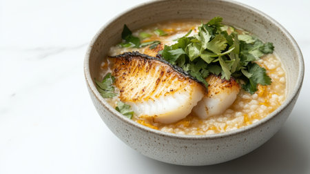 A warm bowl of delicious fish soup featuring a grilled fish fillet and fresh herbs, perfect for a comforting meal on a chilly day.の素材