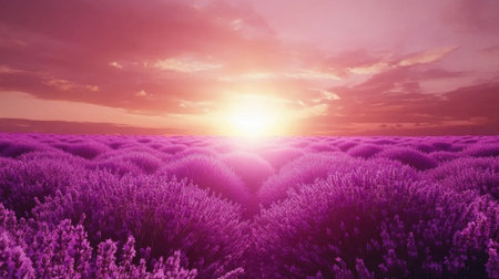 A breathtaking view of expansive lavender fields bathed in the warm light of a stunning sunset, highlighting the beautiful purple blooms and serene landscape.の素材