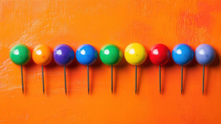 This image features a row of colorful round push pins set against a vibrant orange background, perfect for use in offices, schools, or creative projects.の素材