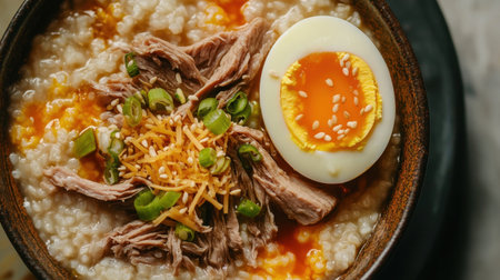 This bowl features creamy rice porridge topped with tender meat, a soft boiled egg, and fresh garnishes, perfect for a comforting meal any time of day.の素材