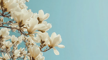 A stunning close-up of white magnolia flowers blooming on branches against a clear blue sky, capturing the essence of spring and nature's beauty.の素材