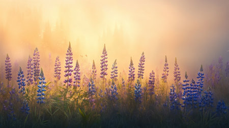 A tranquil meadow filled with vibrant lupine flowers glows under the soft morning light, creating a serene and atmospheric landscape, perfect for nature lovers.の素材