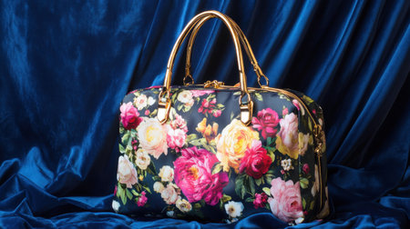 A stunning floral handbag featuring vibrant blooms against a deep blue velvet backdrop. The golden accents enhance its luxurious charm, perfect for fashion enthusiasts.の素材