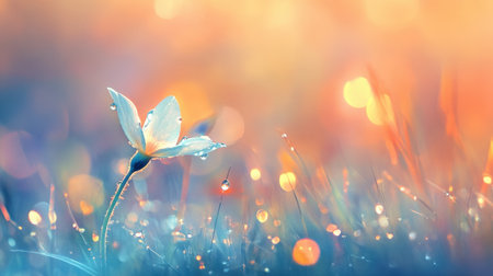 A stunning close-up of a delicate flower adorned with water drops, set against a dreamy bokeh background. The soft hues create a tranquil atmosphere, perfect for nature-inspired themes.の素材